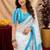 white sky lilen print work 1 minute ready to wear saree with unstitched blouse piece