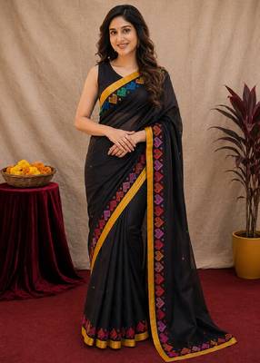  balck chanderi cotton blend printed work 1 minute ready to wear saree with unstitched blouse piece 1