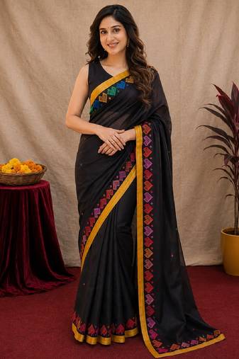  balck chanderi cotton blend printed work 1 minute ready to wear saree with unstitched blouse piece