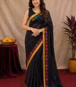  balck chanderi cotton blend printed work 1 minute ready to wear saree with unstitched blouse piece
