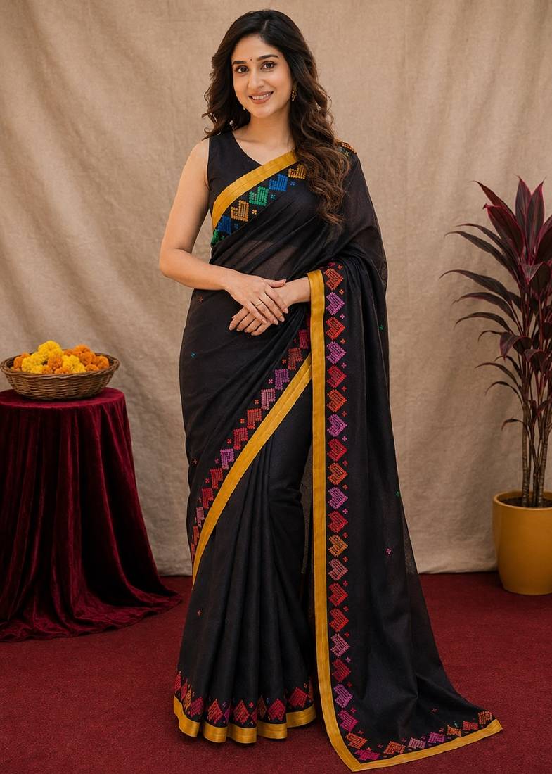  balck chanderi cotton blend printed work 1 minute ready to wear saree with unstitched blouse piece