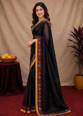  balck chanderi cotton blend printed work 1 minute ready to wear saree with unstitched blouse piece 2