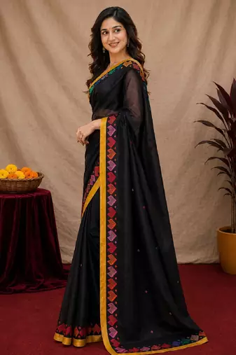  balck chanderi cotton blend printed work 1 minute ready to wear saree with unstitched blouse piece