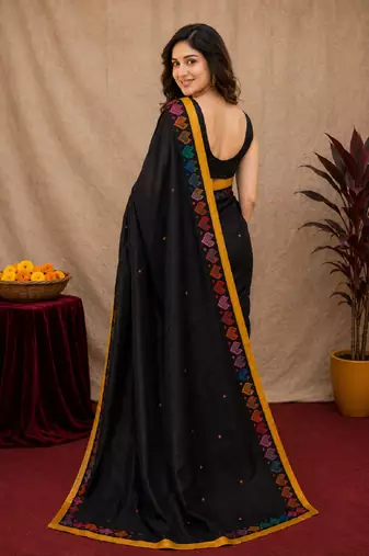  balck chanderi cotton blend printed work 1 minute ready to wear saree with unstitched blouse piece