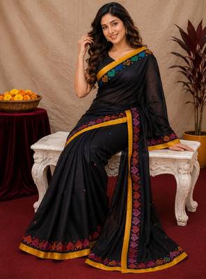  balck chanderi cotton blend printed work 1 minute ready to wear saree with unstitched blouse piece 4