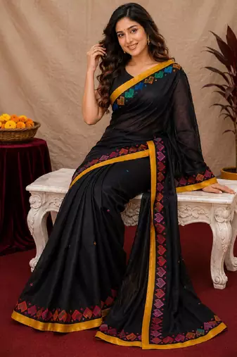  balck chanderi cotton blend printed work 1 minute ready to wear saree with unstitched blouse piece