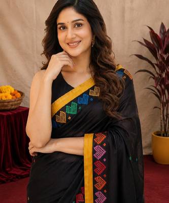  balck chanderi cotton blend printed work 1 minute ready to wear saree with unstitched blouse piece 5