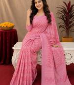  baby pink chanderi cotton blend printed work 1 minute ready to wear saree with unstitched blouse piece