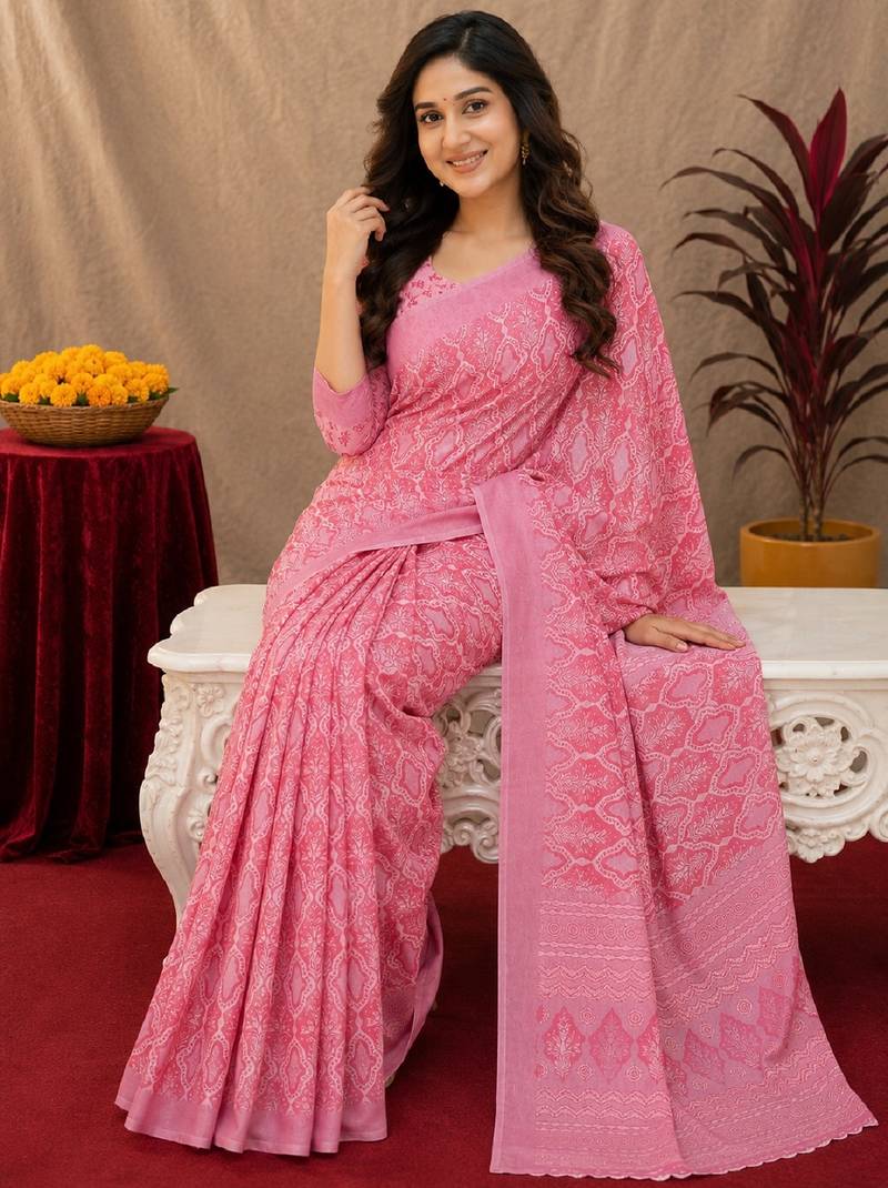  baby pink chanderi cotton blend printed work 1 minute ready to wear saree with unstitched blouse piece
