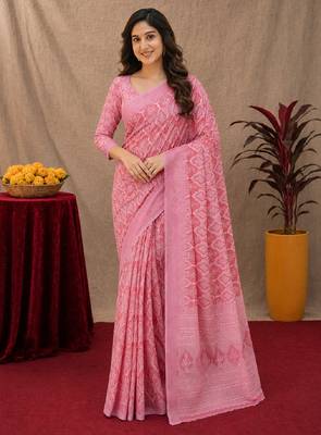  baby pink chanderi cotton blend printed work 1 minute ready to wear saree with unstitched blouse piece 2
