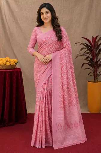  baby pink chanderi cotton blend printed work 1 minute ready to wear saree with unstitched blouse piece