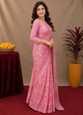  baby pink chanderi cotton blend printed work 1 minute ready to wear saree with unstitched blouse piece 3
