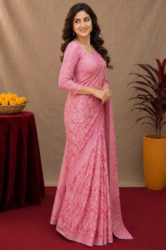  baby pink chanderi cotton blend printed work 1 minute ready to wear saree with unstitched blouse piece