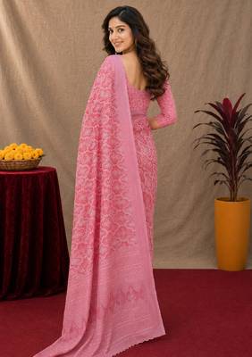  baby pink chanderi cotton blend printed work 1 minute ready to wear saree with unstitched blouse piece 4