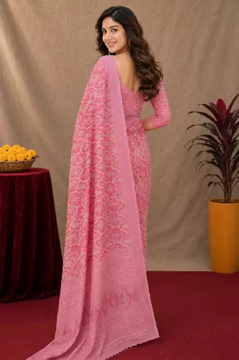  baby pink chanderi cotton blend printed work 1 minute ready to wear saree with unstitched blouse piece