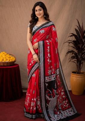  red black chanderi cotton blend printed work 1 minute ready to wear saree with unstitched blouse piece 1