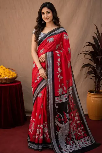  red black chanderi cotton blend printed work 1 minute ready to wear saree with unstitched blouse piece