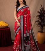  red black chanderi cotton blend printed work 1 minute ready to wear saree with unstitched blouse piece