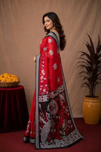  red black chanderi cotton blend printed work 1 minute ready to wear saree with unstitched blouse piece