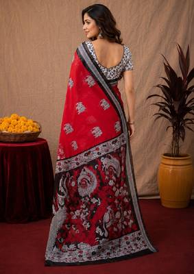  red black chanderi cotton blend printed work 1 minute ready to wear saree with unstitched blouse piece 3