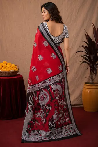  red black chanderi cotton blend printed work 1 minute ready to wear saree with unstitched blouse piece