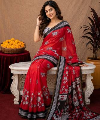  red black chanderi cotton blend printed work 1 minute ready to wear saree with unstitched blouse piece 4