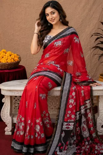  red black chanderi cotton blend printed work 1 minute ready to wear saree with unstitched blouse piece
