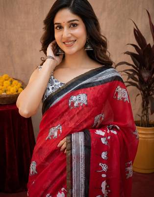  red black chanderi cotton blend printed work 1 minute ready to wear saree with unstitched blouse piece 5