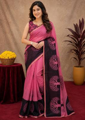  pink chanderi cotton blend printed work 1 minute ready to wear saree with unstitched blouse piece 1