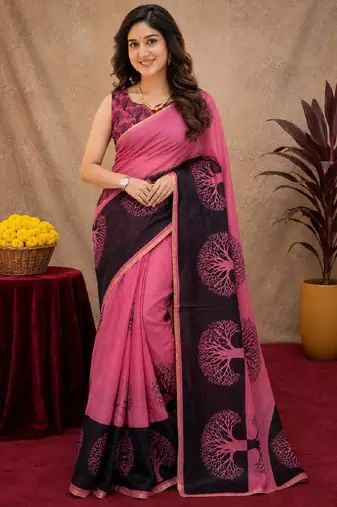  pink chanderi cotton blend printed work 1 minute ready to wear saree with unstitched blouse piece