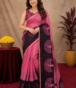  pink chanderi cotton blend printed work 1 minute ready to wear saree with unstitched blouse piece