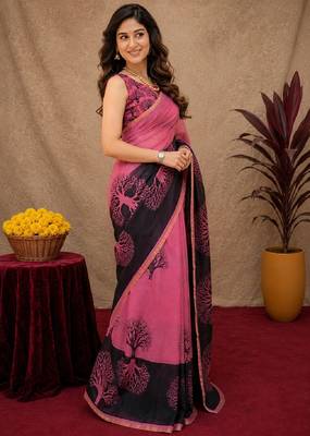  pink chanderi cotton blend printed work 1 minute ready to wear saree with unstitched blouse piece 2