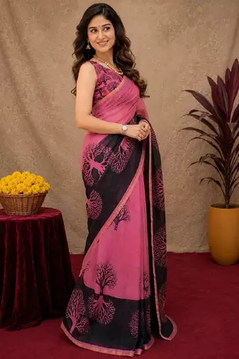  pink chanderi cotton blend printed work 1 minute ready to wear saree with unstitched blouse piece
