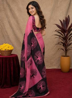  pink chanderi cotton blend printed work 1 minute ready to wear saree with unstitched blouse piece 3
