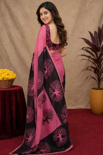  pink chanderi cotton blend printed work 1 minute ready to wear saree with unstitched blouse piece