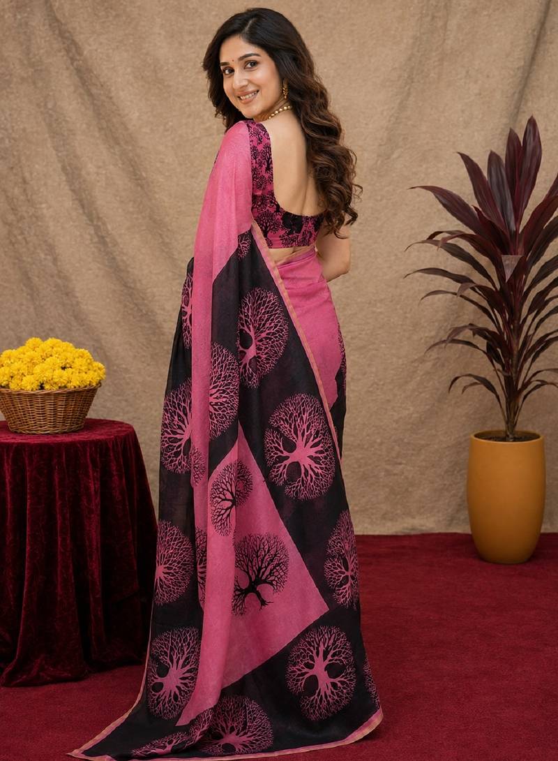  pink chanderi cotton blend printed work 1 minute ready to wear saree with unstitched blouse piece
