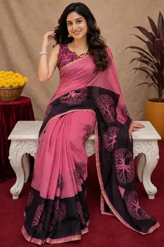  pink chanderi cotton blend printed work 1 minute ready to wear saree with unstitched blouse piece
