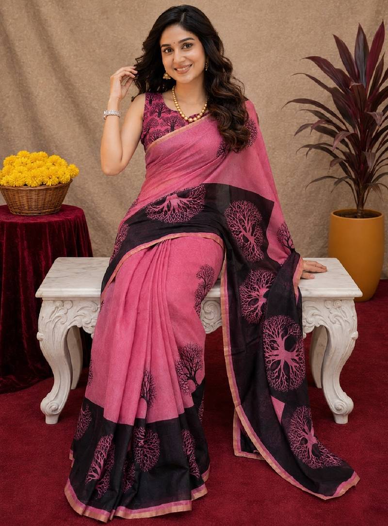  pink chanderi cotton blend printed work 1 minute ready to wear saree with unstitched blouse piece
