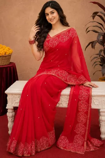  red chanderi cotton blend printed work 1 minute ready to wear saree with unstitched blouse piece