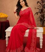  red chanderi cotton blend printed work 1 minute ready to wear saree with unstitched blouse piece
