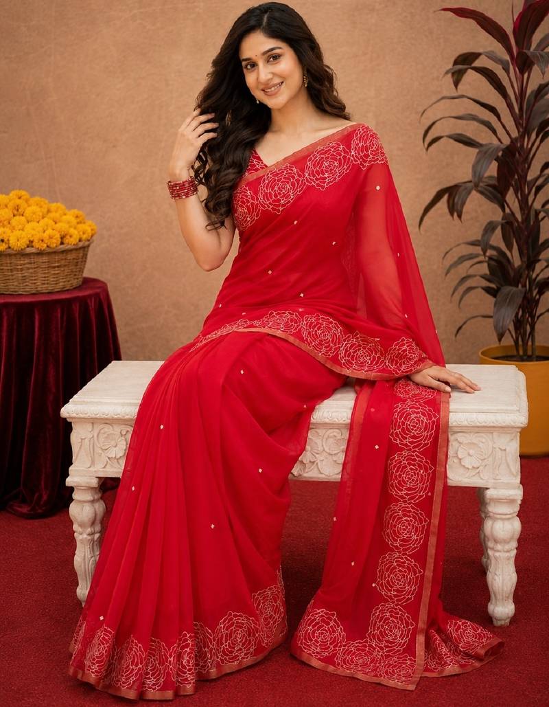  red chanderi cotton blend printed work 1 minute ready to wear saree with unstitched blouse piece