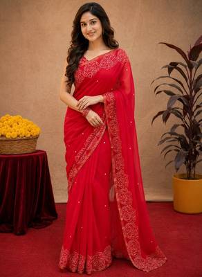  red chanderi cotton blend printed work 1 minute ready to wear saree with unstitched blouse piece 2