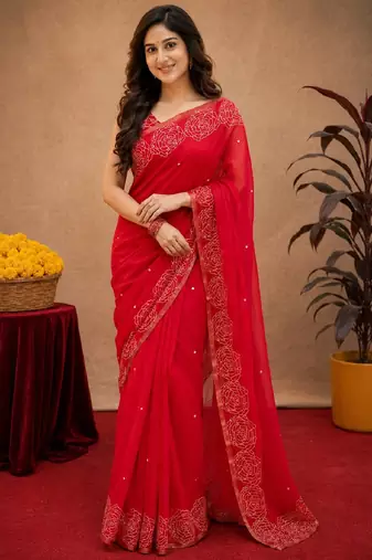  red chanderi cotton blend printed work 1 minute ready to wear saree with unstitched blouse piece