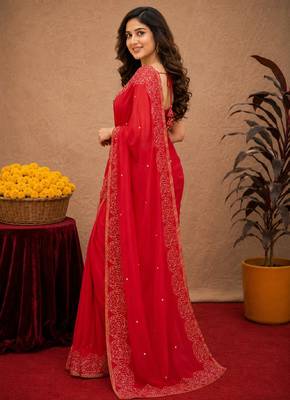  red chanderi cotton blend printed work 1 minute ready to wear saree with unstitched blouse piece 3