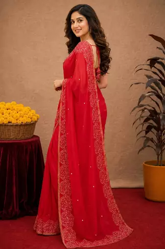 red chanderi cotton blend printed work 1 minute ready to wear saree with unstitched blouse piece