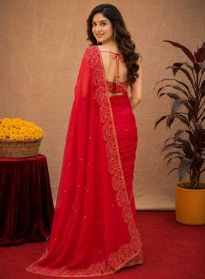  red chanderi cotton blend printed work 1 minute ready to wear saree with unstitched blouse piece 4