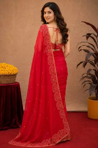  red chanderi cotton blend printed work 1 minute ready to wear saree with unstitched blouse piece