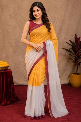 yellow chanderi cotton blend printed work 1 minute ready to wear saree with unstitched blouse piece