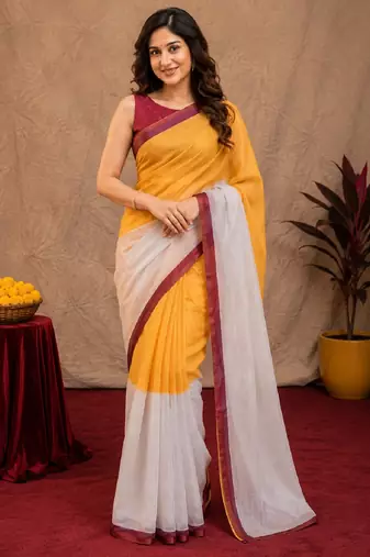  yellow chanderi cotton blend printed work 1 minute ready to wear saree with unstitched blouse piece