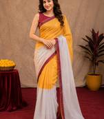  yellow chanderi cotton blend printed work 1 minute ready to wear saree with unstitched blouse piece